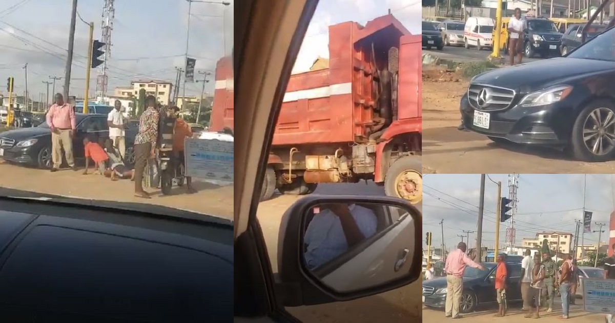 Truck driver and colleagues prostrate to beg after bashing a Benz (Video)