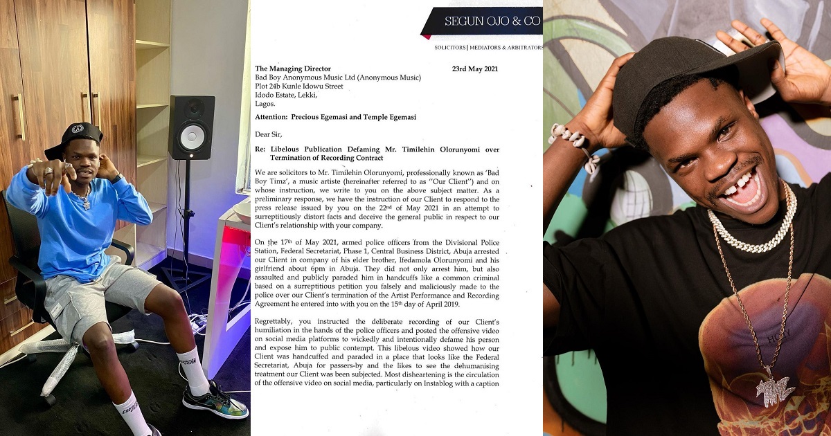 Singer Badboytimz Slams his former label ( Anonymous Music ) A N200,000,000 law suit for defamation of character, following his illegal arrest in Abuja.
