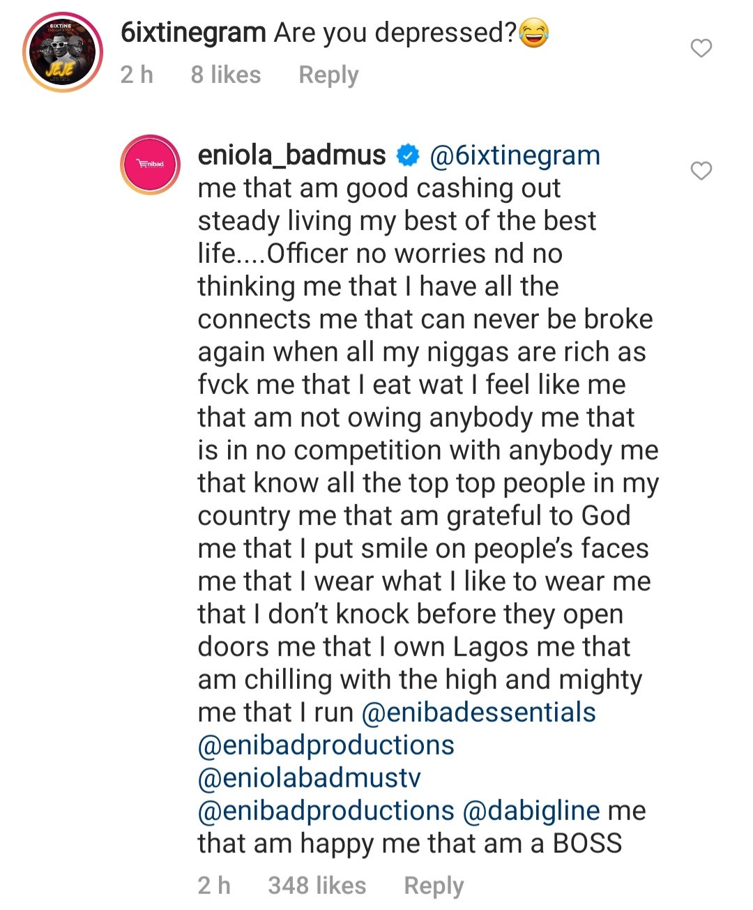 Actress, Eniola Badmus gives interesting response to follower who asked if she’s depressed 5 60adf51aee2e4