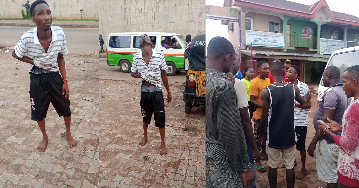 Young man acts ‘crazy’ after allegedly taking hard drugs in Anambra (Photos)