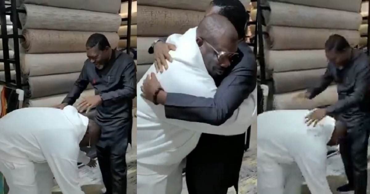 Don Jazzy kneels down to greet veteran actor, Kanayo. O. Kanayo as they meet for the first time (Video)