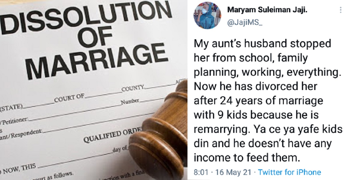 Nigerian man who stopped his wife from schooling and working, divorces her after 24 years of marriage to marry another woman