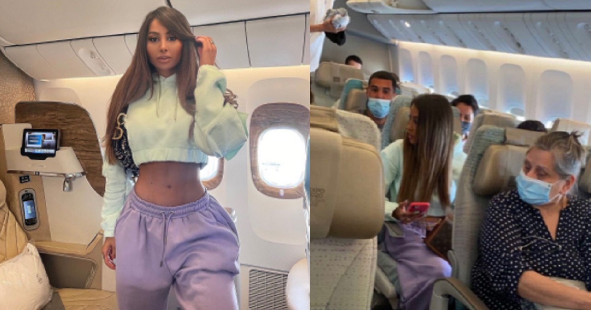 Dubai model exposed by co-passengers after she posed in business class cabin and posted photos online then returned to her seat in economy before takeoff