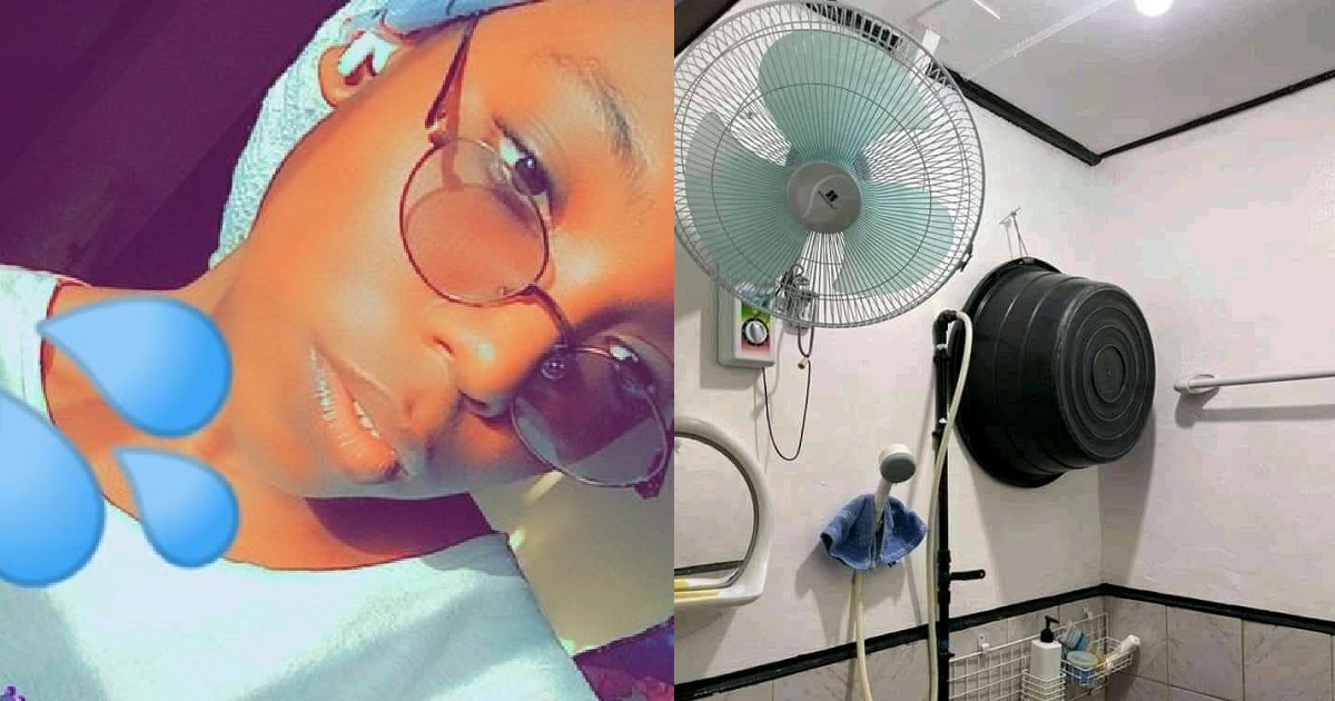 Lady expresses shock as she finds a well-mounted fan in the bathroom of the new apartment she paid for.