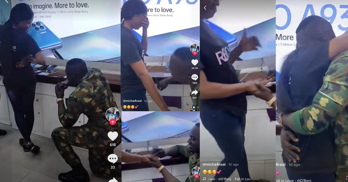 Heartwarming moment a solider proposed to his girlfriend at her workplace (Photos/video)