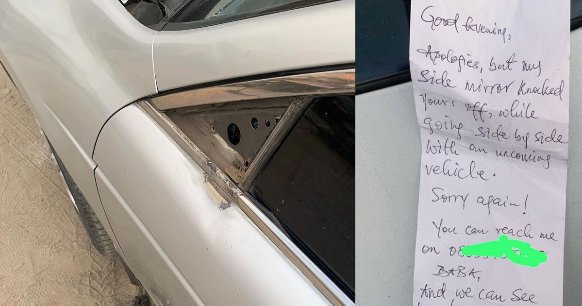 Nigeria man shocked to see a note left on his windscreen by person who damaged his side-mirror