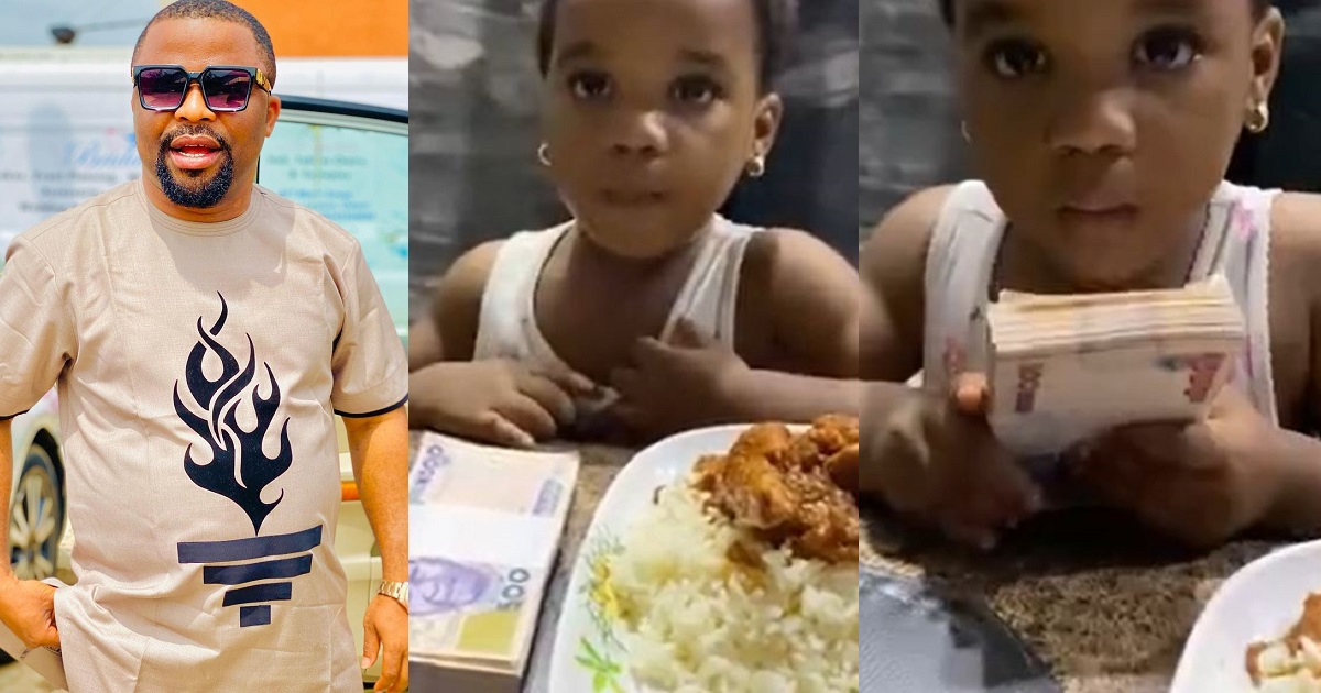 Funny moment actor, Dike ”Apama” Osinachi’s daughter picks N50k over a plate of rice he offered her (Watch)