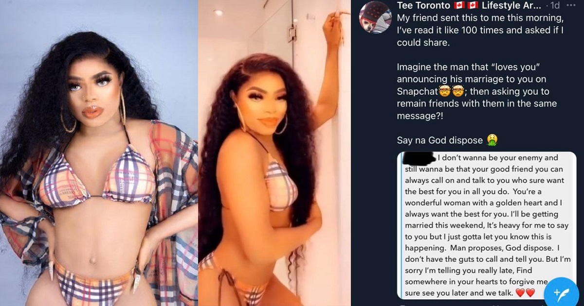 “I’m glad I left the male gender” – Bobrisky reacts to report of man who messaged his girlfriend via Snapchat to announce his marriage to another woman