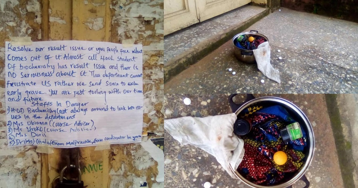 Student allegedly places ‘sacrifice’ in front of staff’s office in Michael Okpara University, Abia State (Photos)