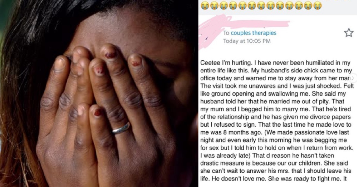 “My husband’s side chick came to my office to warn me to stay away from her man” – Woman cries out