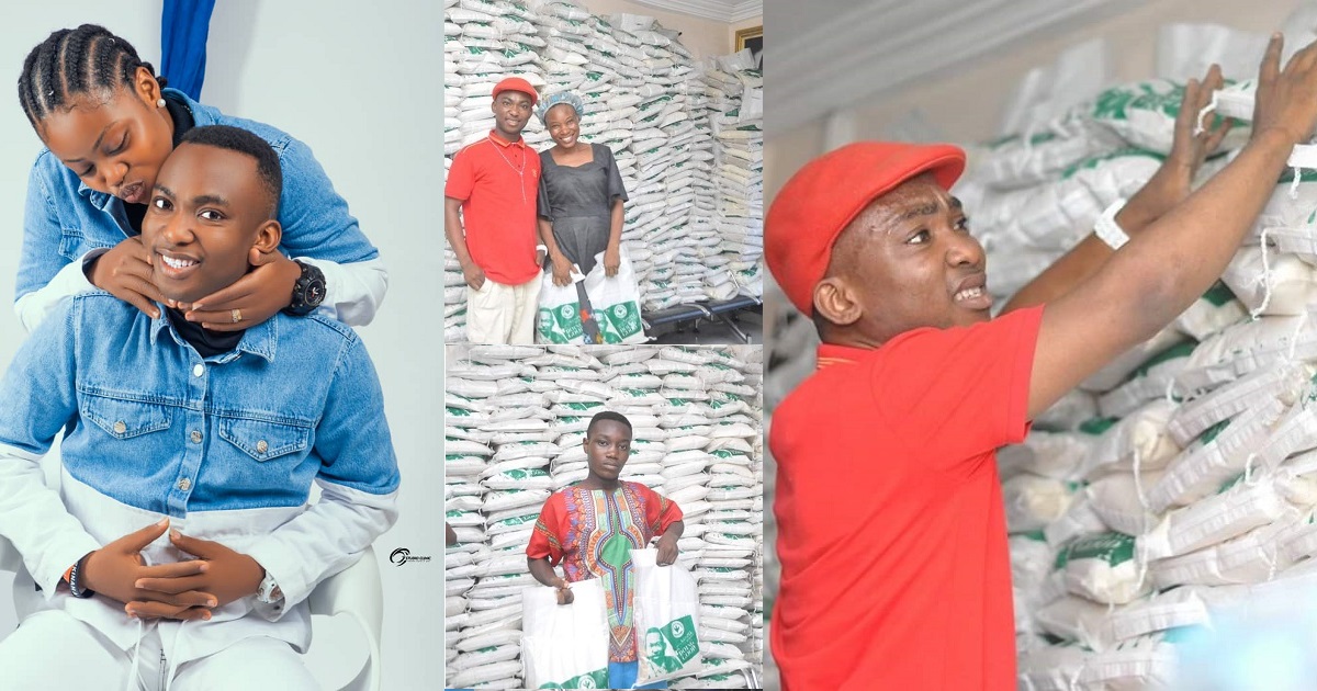 Popular Cleric, Evang. Gospel Agochukwu gifts students, disabled, widows trailer loads of rice; with millions of cash gifts to celebrate 5 years marriage anniversary with 5 kids.