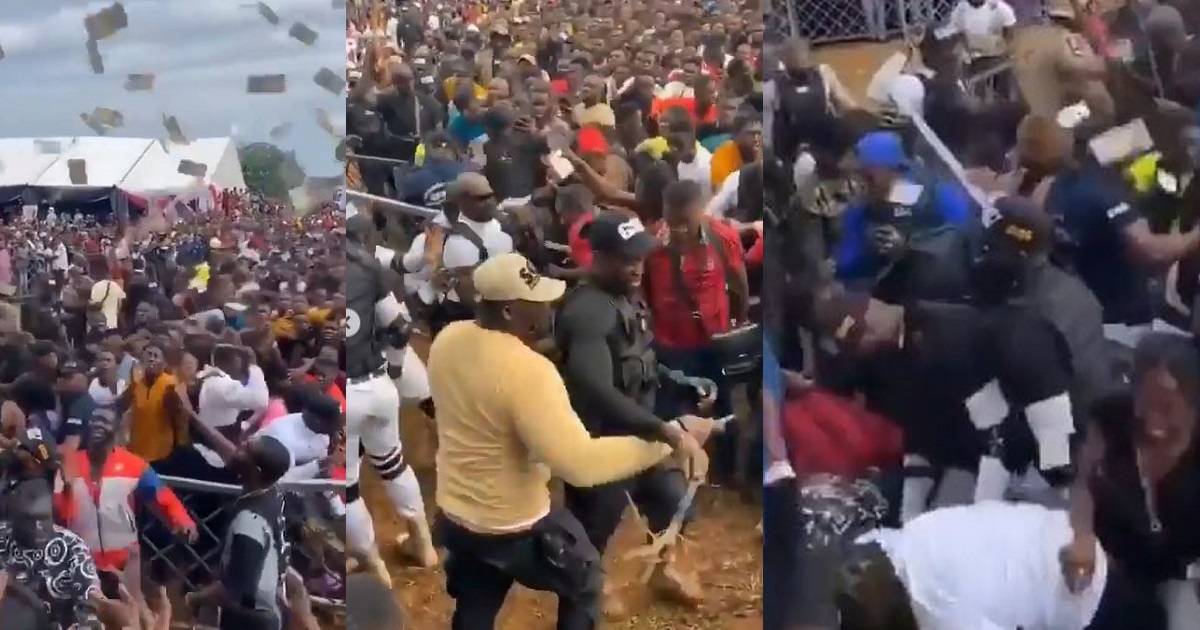 Moment residents and bouncers struggle to pick money at Obi Cubana’s mum’s burial (video)