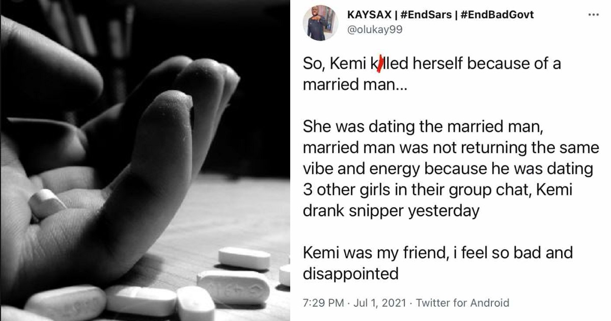 Lady commits suicide after finding out her married lover was dating three other girls