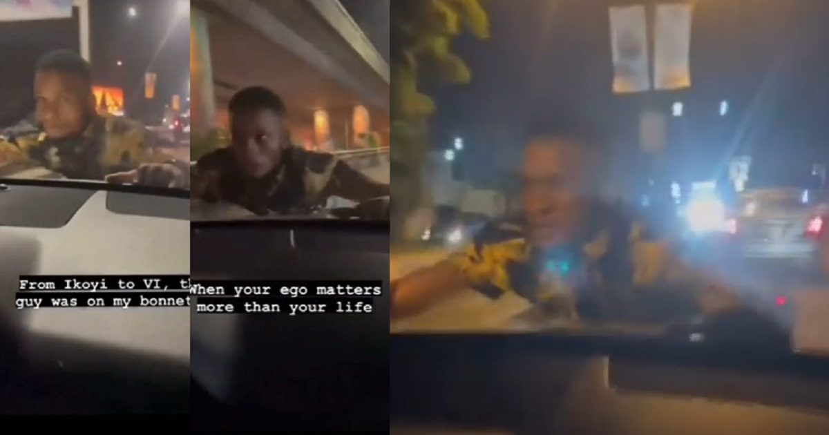 Suspected thug hangs on the bonnet of a Nigerian Lady from Ikoyi to VI for parking on ‘spot’ and ‘refusing to pay’.