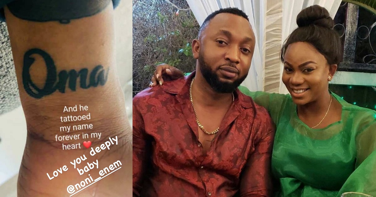 Actress, Oma Nnadi’s husband, Noni Enem, tattoos her name on his hand