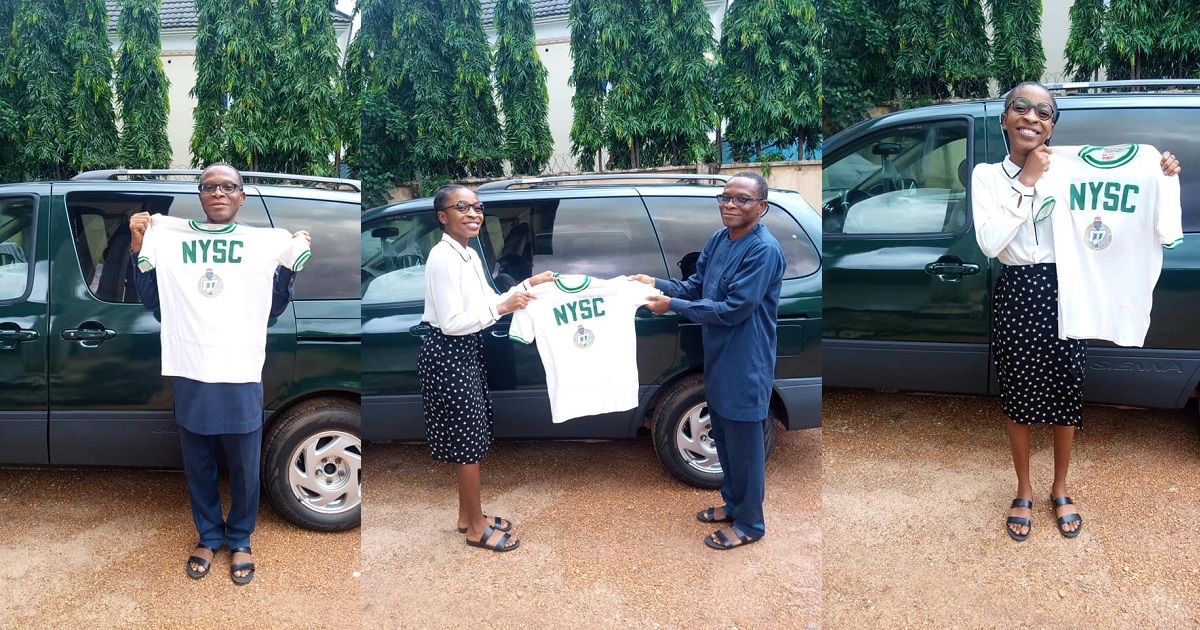 FUNAI lecturer, Dr Joseph Chukwu, passes down his 37-yr-old NYSC shirt to his daughter (Photos)