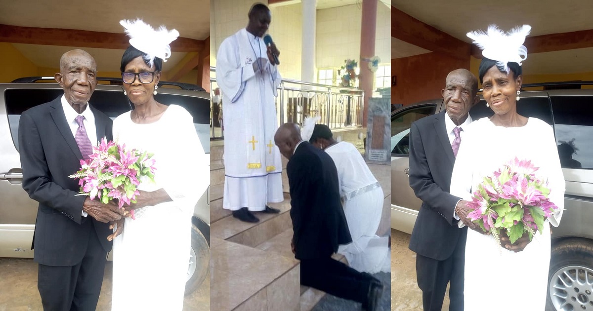 99-year-old Nigerian man weds his 86-year-old partner in church after decades together (photos)