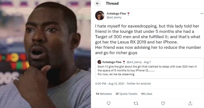 Lady reportedly sleeps with 300 men in 5 months to acquire a Lexus car and an iPhone; plans to stay celibate till end of year to “regain” herself