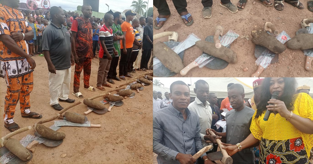 “Who have we offended in this country?” – Nigerians react as Cross River LG chairman empowers constituents with one tuber of yam, hoe and cutlass (Photos)