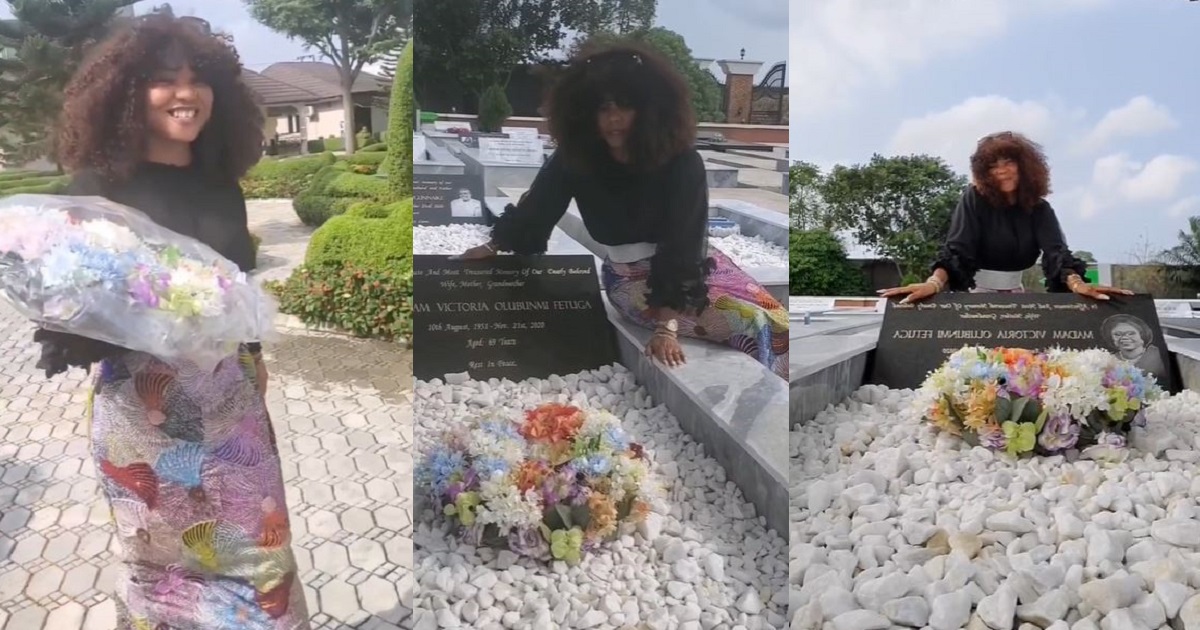Actress, Iyabo Ojo visits her mum’s grave to celebrate her 70th posthumous birthday (video)