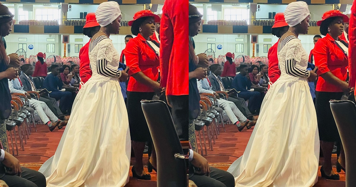 Woman storms Abuja church wearing a wedding dress to express her faith in God for her marital breakthrough (photo)