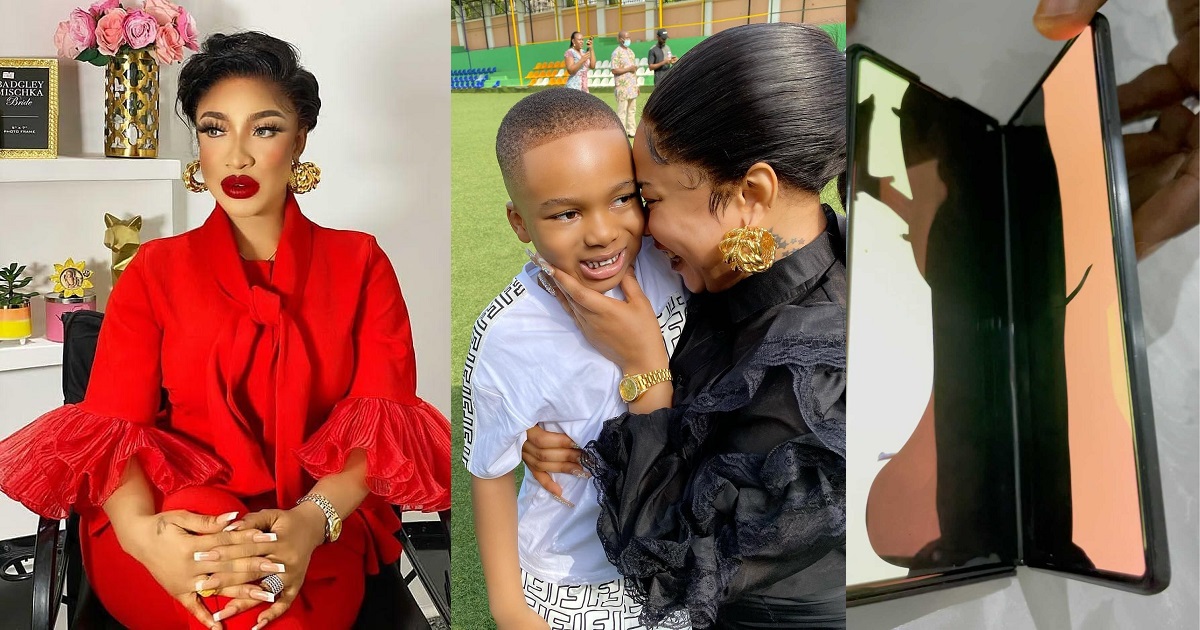 Tonto Dikeh cries out as her son destroys devices worth millions of naira (Video)