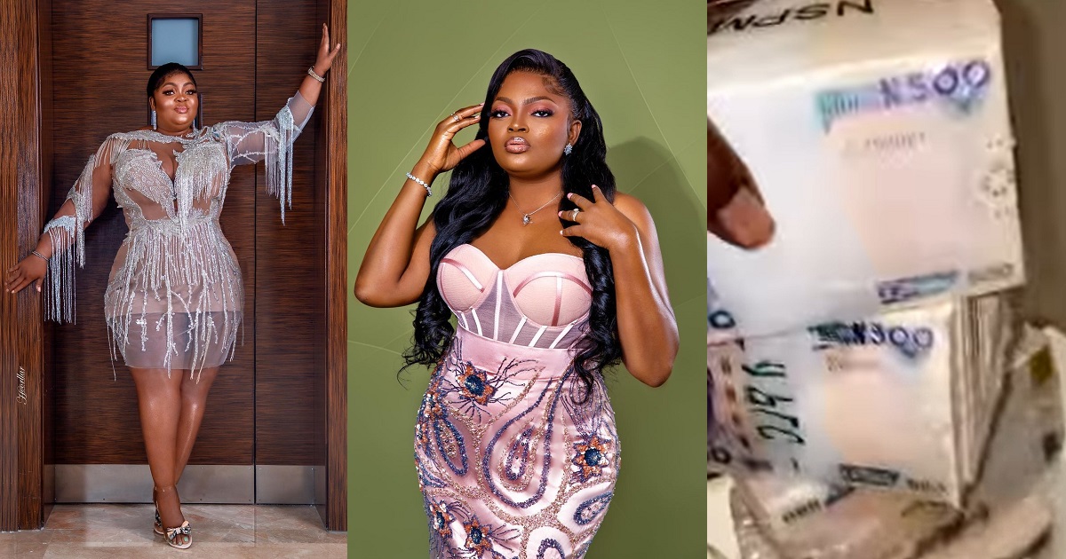 Actress, Eniola Badmus shows off wads of cash Funke Akindele gifted her for her birthday (Video)