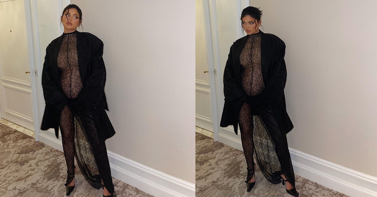 Pregnant Kylie Jenner showcases her baby bump in see-through lace jumpsuit (Photos)