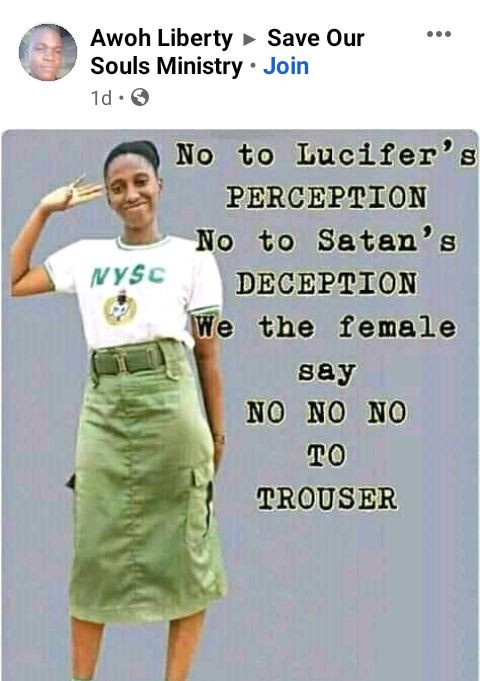 Nigerians react after Deeper Life Church member shared photo of Corps member wearing khaki skirt and saying female trousers are “Satan’s deception” 3 NYSC skirt