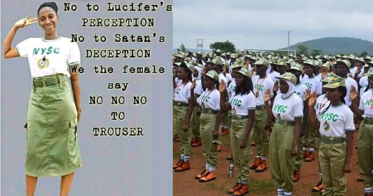 Nigerians react after Deeper Life Church member shared photo of Corps member wearing khaki skirt and saying female trousers are “Satan’s deception”