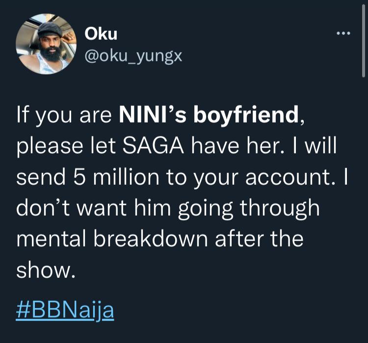 #BBNaija: Man offers Nini’s boyfriend N5M to leave her for Saga ahead of show’s conclusion 5 WhatsApp Image 2021 09 23 at 12.22.18