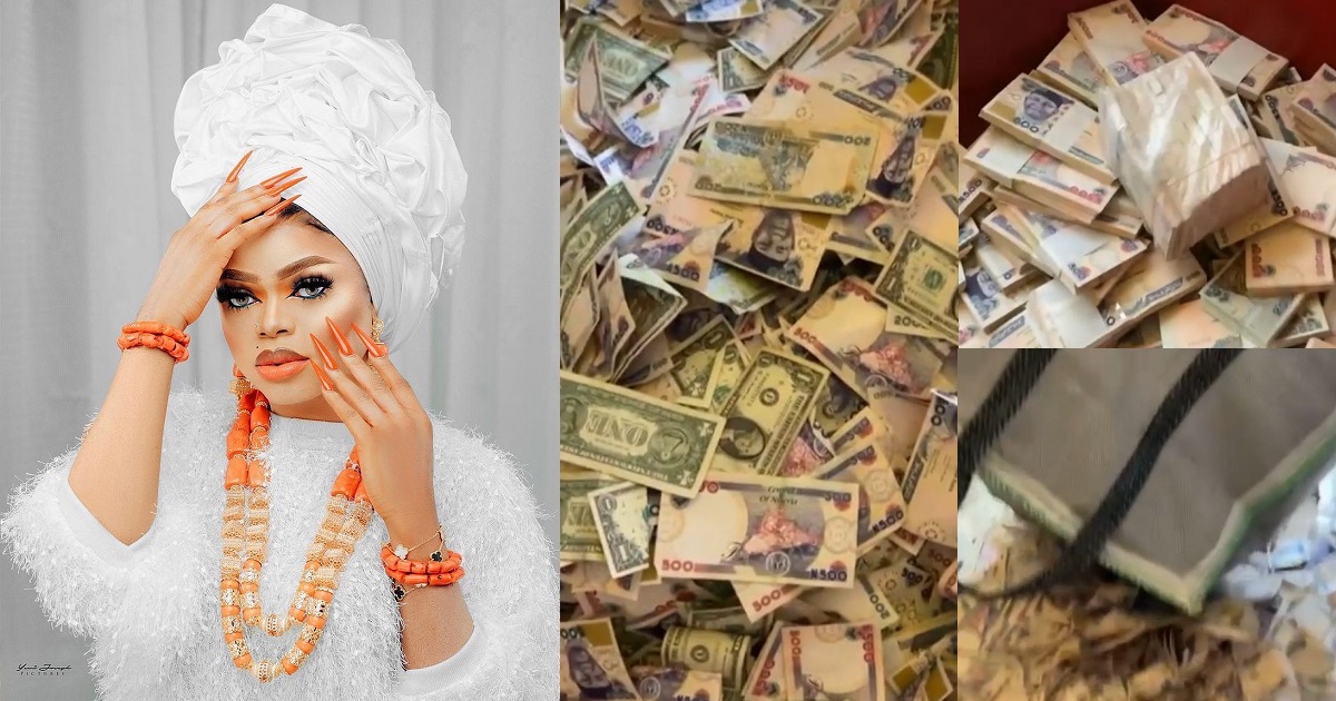 “Obi Cubana no do pass this one” –  Bobrisky declares as he flaunts wads of Dollars and Nairas that rained at his birthday party (video)