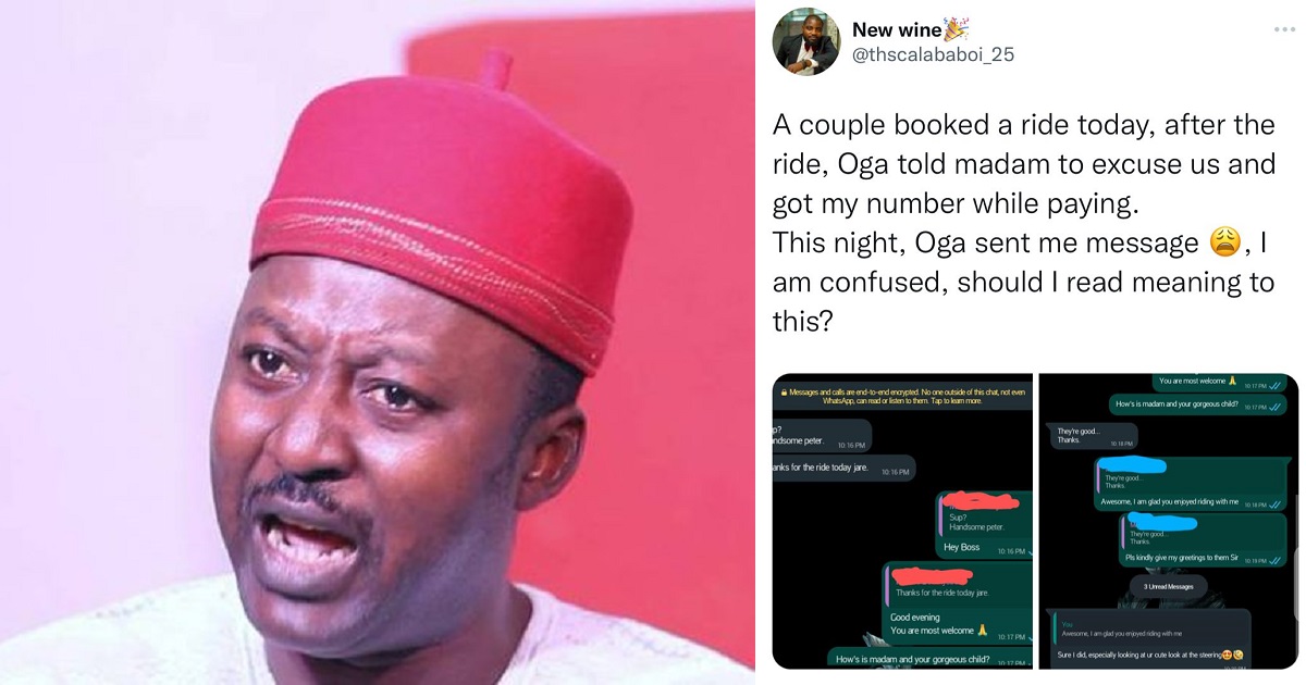 Nigerian driver who carried a couple in his car seeks advise after the husband sent him this suggestive message (Screenshots)