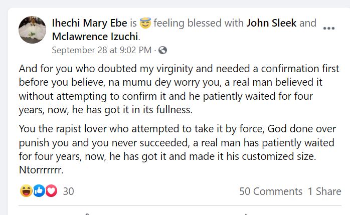 “I have given it to the only man who deserved it” – Newly-wedded lady who married as a virgin writes as she celebrates her wedding to her man. 7 ebds