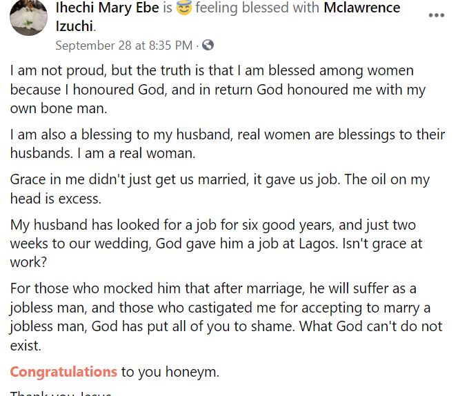 “I have given it to the only man who deserved it” – Newly-wedded lady who married as a virgin writes as she celebrates her wedding to her man.