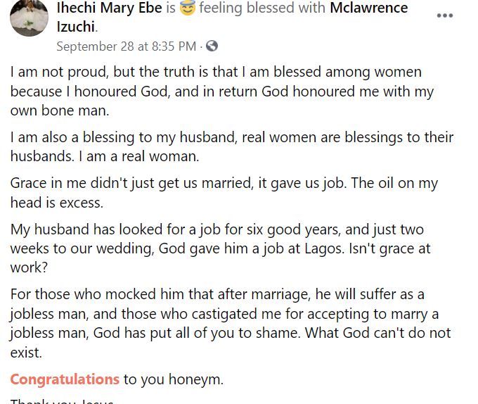 “I have given it to the only man who deserved it” – Newly-wedded lady who married as a virgin writes as she celebrates her wedding to her man. 8 ettyy