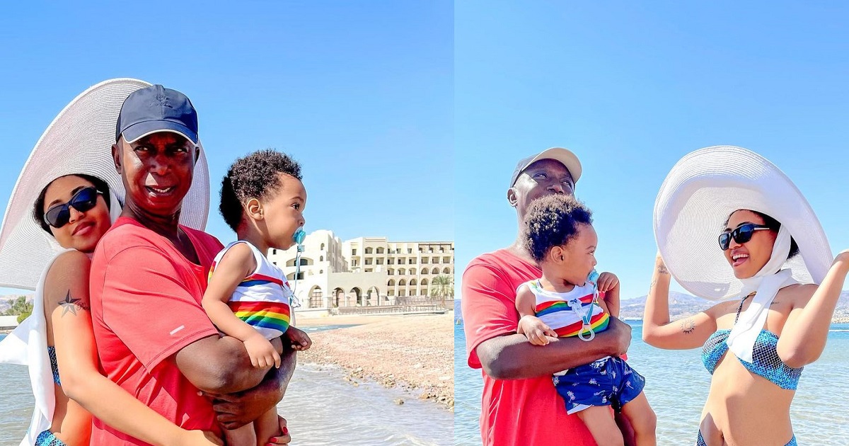 Actress, Regina Daniels shares bikini photos with hubby and son as they visit the Red Sea
