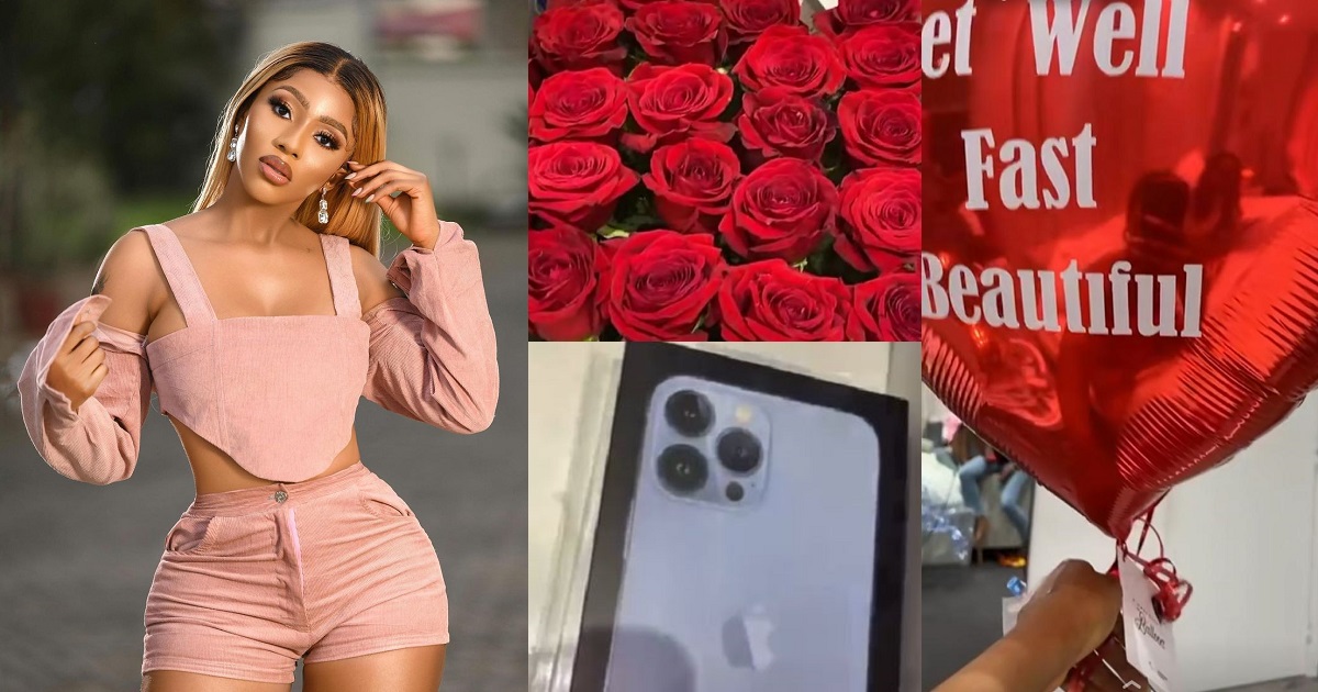 Reality star, Mercy Eke receives 2 iPhone 13, bouquet of red roses as ‘get well soon’ gifts from her man (video)