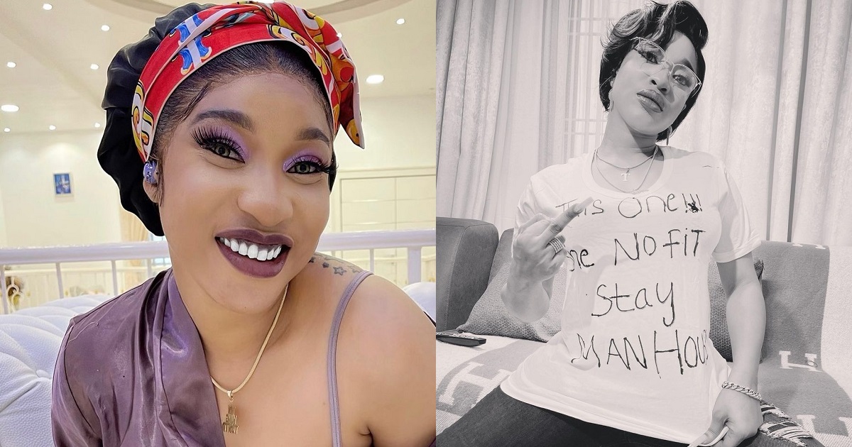 Actress, Tonto Dikeh shares photo of herself rocking a tee with an interesting inscription