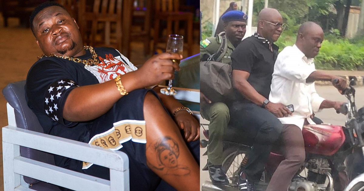 “This sapa go reach everybody” – Cubana Chiefpriest reacts to photo of ex-Ekiti State governor, Fayose on a bike