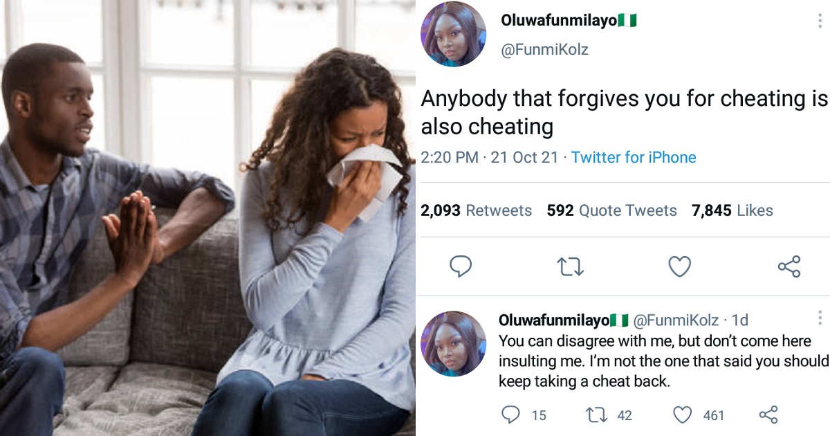 “Anybody that forgives you for cheating, is also cheating” – Lady sparks debate
