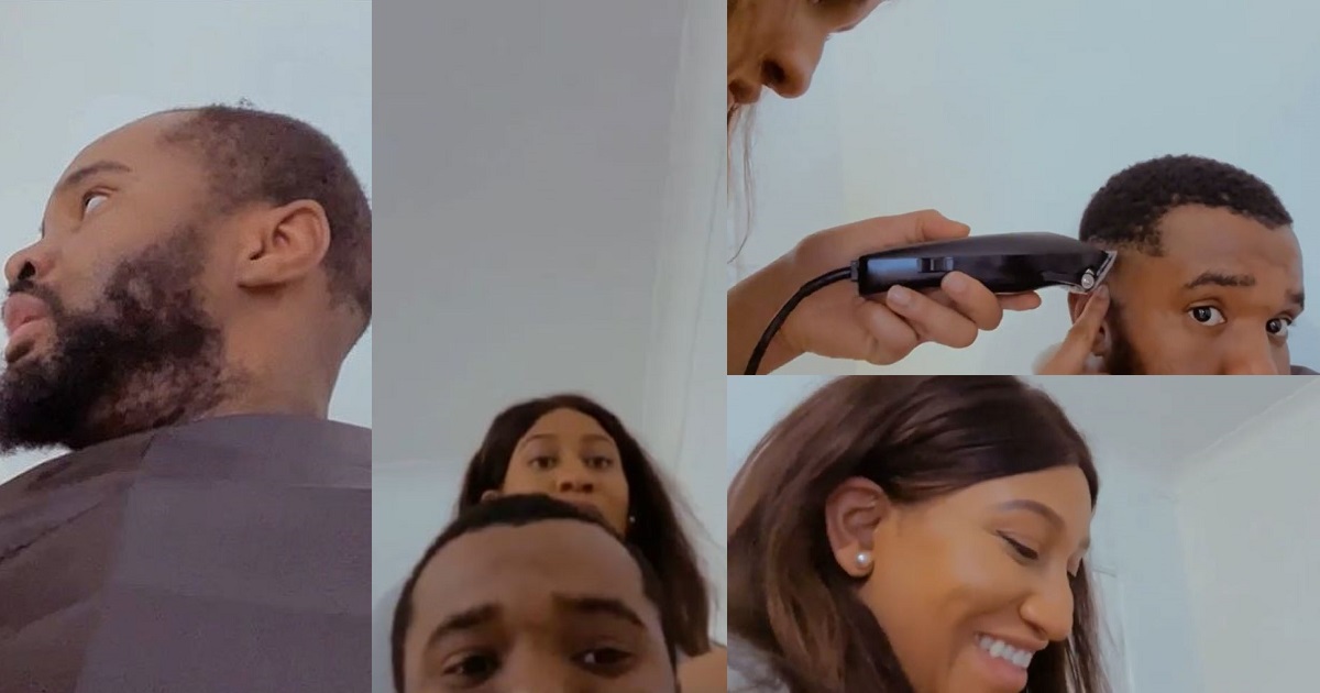 Actor, Williams Uchemba lets his wife, Brunella cut his hair after he was charged £40 (N22k) by professional barbers (Video)
