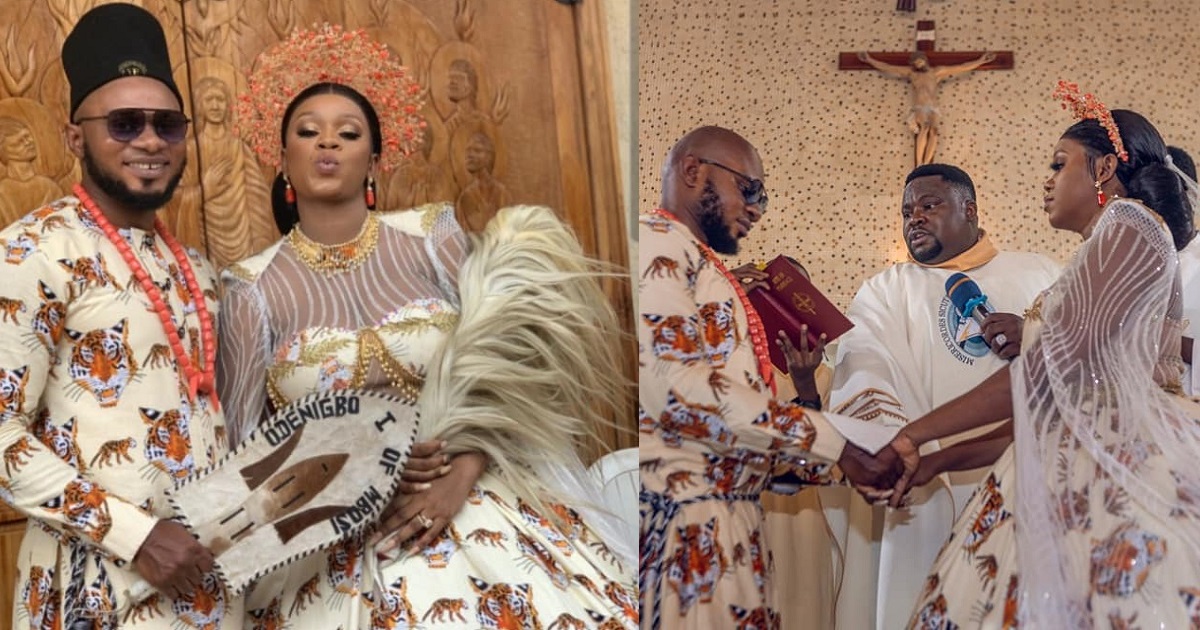 Couple wear isi-agu for their church wedding