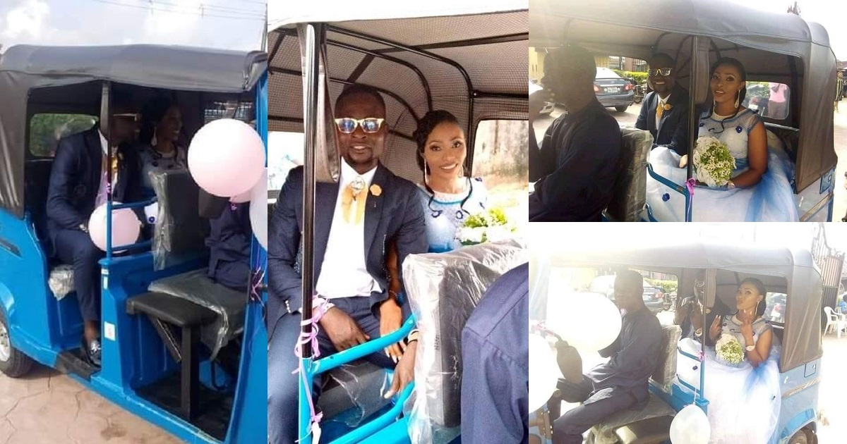 Happy couple arrive at their wedding venue in “Keke Napep” in Delta state (Photos)
