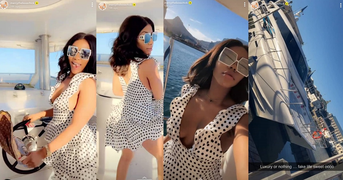 “Fake life sweet ooo” – Mercy Eke says as she shakes her bum on a yacht (Video)
