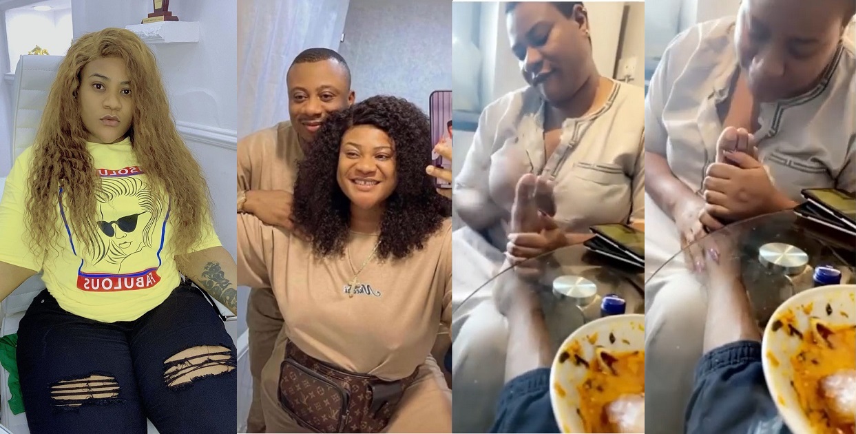 Actress, Nkechi Blessing Sunday licks her man’s toes; gushes about him having a “woman’s leg” (video)