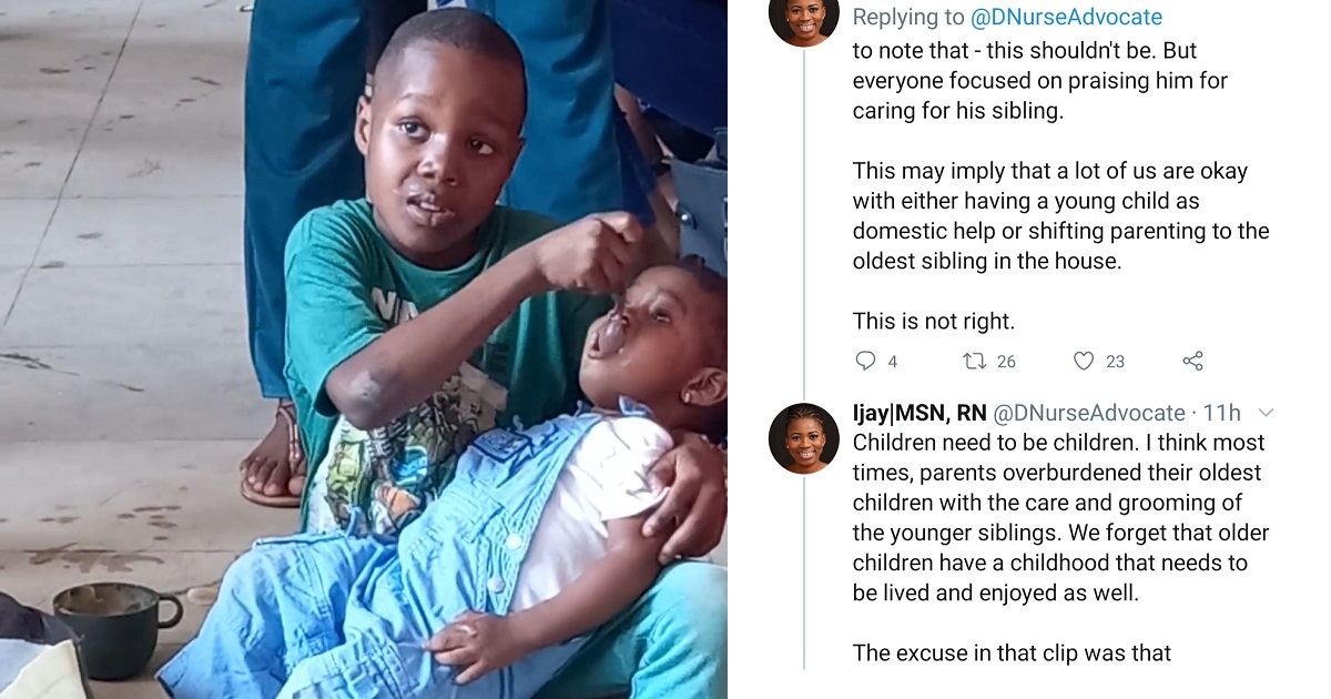 “This is not right!” – Nigerian nurse speaks against viral video of boy feeding his sister while his mother was away