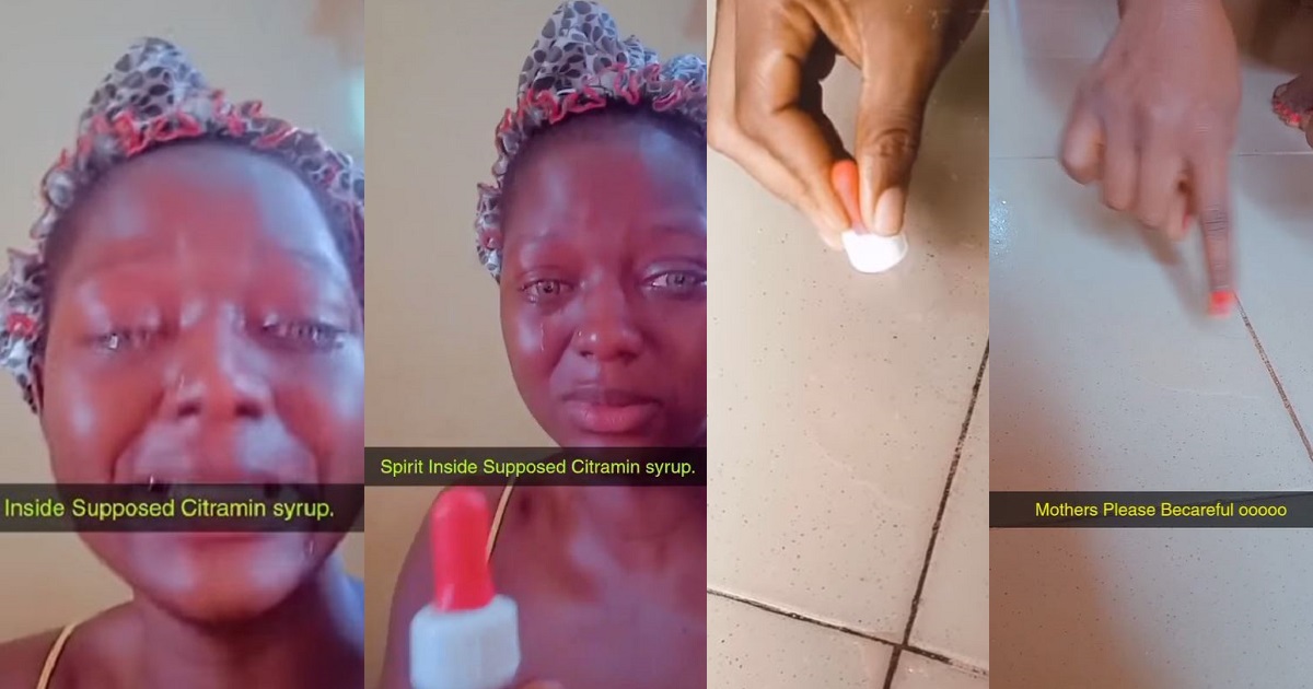 Nursing mother cries out after allegedly discovering methylated spirit in a vitamins syrup she bought for her baby in Imo State (video)