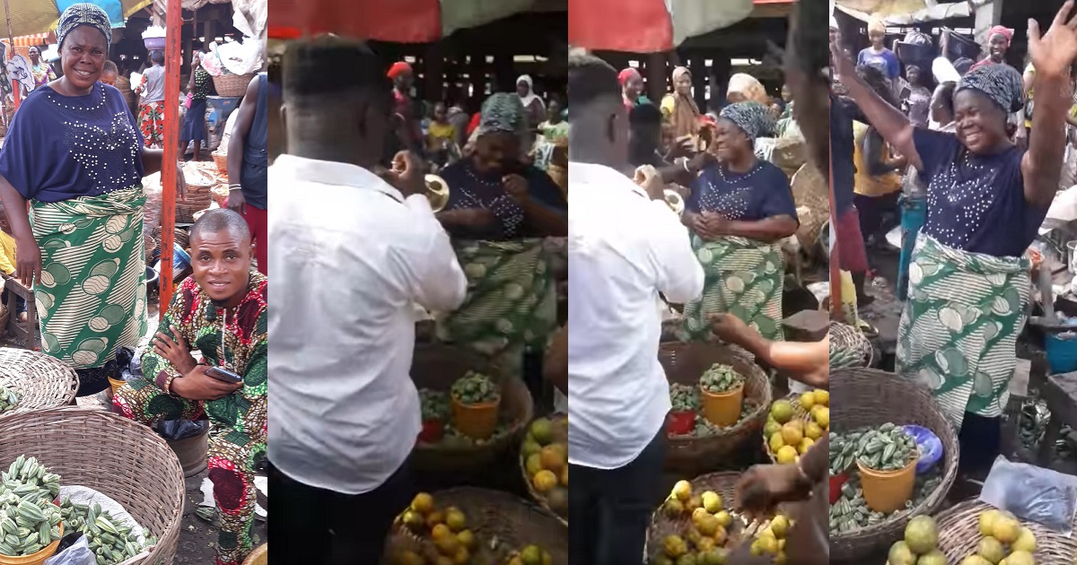 Heartwarming moment a man surprised his mom with birthday serenade at the market she sells okra (Video)