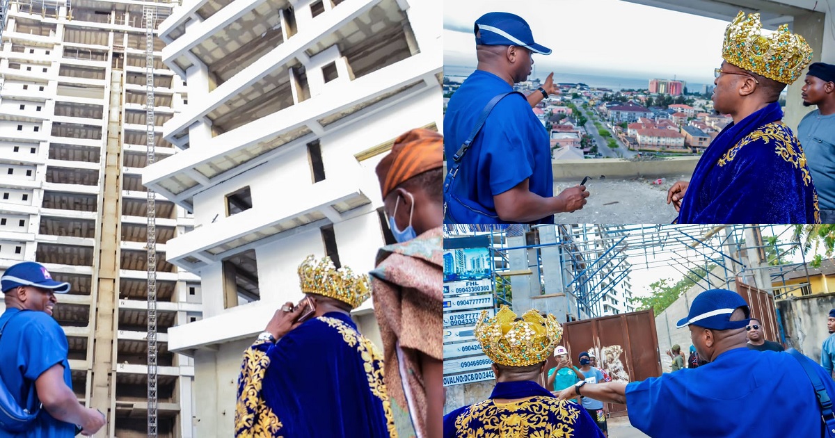 Photos of Oluwo of Iwo and developer, Femi Osibona during an assessment visit at Gerrard Terraces weeks before it collapsed
